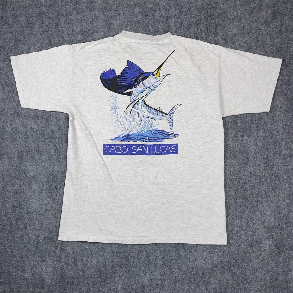 Vintage Cabo San Lucas T Shirt Mens XL Gray Marlin Fishing Mexico